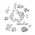 Funny cute hermit cat in a shell, marine monster, ornament element Royalty Free Stock Photo